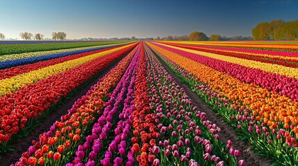 Wall Mural - Colorful tulip field with rows of different colors.