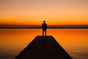 silhouette of a man standing on a dock at sunset