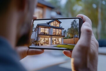 Man looking at a mortgage loan application approval on a mobile phone. There is an image of a house with a happy couple on the phone