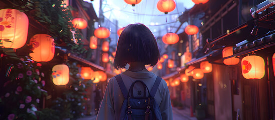 Poster - A Japanese girl with short black hair walks down a lantern-lit alley at dusk 