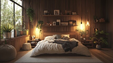 Wall Mural - Cozy bedroom with wooden walls and a large window overlooking a green forest.