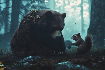 Poster - Bear and Squirrel Sharing a Moment in the forest