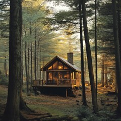 Poster - Cozy cabin in the woods with a large window and warm light.