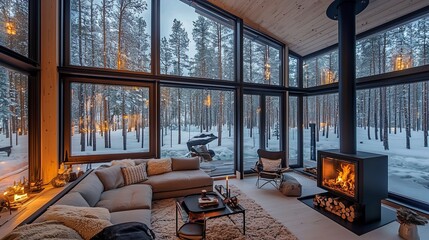 Wall Mural - Cozy living room with a fireplace and large windows overlooking a snowy forest.