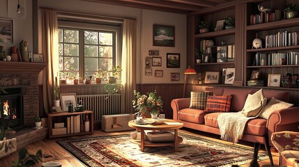 Canvas Print - Cozy living room with a fireplace, sofa, bookshelf, and a window with a view of a garden.