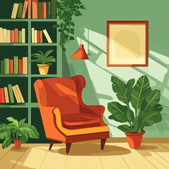 Sticker - Cozy living room with an armchair, bookshelves, plants, and a picture frame.