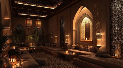 Wall Mural - Cozy Moroccan-style lounge with low seating and ornate lamps.