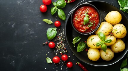 A black plate with potatoes, tomato sauce and basil leaves.  On the side are tomatoes, basil leaves, salt and pepper.