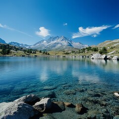 Sticker - Crystal clear alpine lake with a snow-capped mountain in the background.