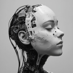 Poster - Cyborg woman with exposed circuitry and a peaceful expression.