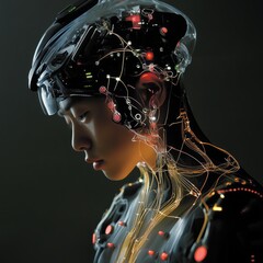 Canvas Print - Cyborg woman with glowing wires on her body.