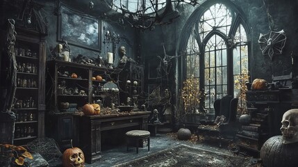 Poster - Dark and eerie room with gothic windows, cobwebs, and pumpkins.