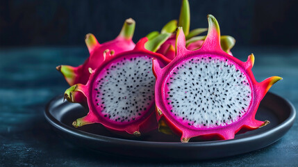 Fresh exotic ripe dragon fruit sliced in half juicy, fresh texture, vegetarian diet and healthy eating sweet organic vegan food rich in vitamins and nutrition.