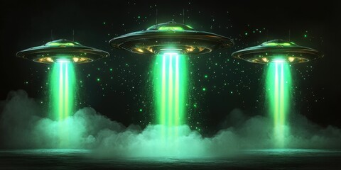 Wall Mural - 3d UFO, vector three set of alien space ships with green light beam, smoke and sparkles. Saucers with bright illumination and vertical ray for abduction, unidentified flying objects