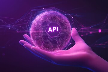 API. Application Programming Interface in the shape of sphere with hexagon pattern in wireframe hand. Software development tool, information technology and business concept