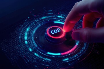 Carbon dioxide emissions control concept. Reduce CO2 level. Wireframe hand turning a carbon dioxide knob button to the minimum position. CO2 reduction or removal concept