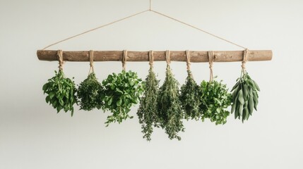 Freshly harvested herbs hanging neatly on a wooden rod. This kitchen decor adds a rustic touch to any cooking space. Ideal for chefs and herbal enthusiasts. AI