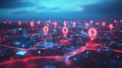 Leinwandbilder - 3D rendering of a modern cityscape with glowing red and blue location pins on a map background, symbolizing global network connectivity, technological advancement, and data sharing. This vibrant scene