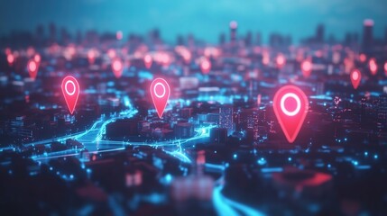 Leinwandbilder - 3D rendering of a modern cityscape with glowing red and blue location pins on a map background, symbolizing global network connectivity, technological advancement, and data sharing. This vibrant scene