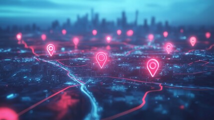 Leinwandbilder - 3D rendering of a modern cityscape with glowing red and blue location pins on a map background, symbolizing global network connectivity, technological advancement, and data sharing. This vibrant scene