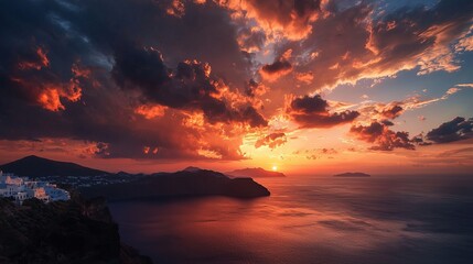 Poster - Dramatic sunset over a coastal village with red sky and clouds.