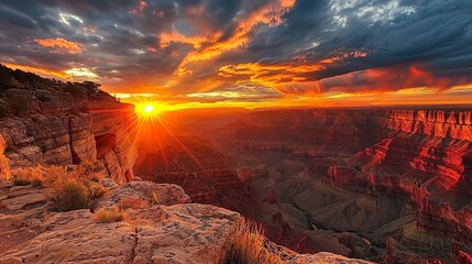 Sticker - Dramatic sunset over a vast canyon with layered rock formations.