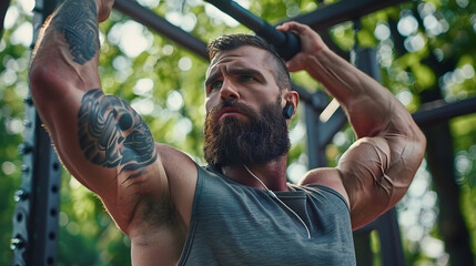 Poster - A muscular bearded man in gym attire and wireless earbuds working out in an outdoor fitness park 