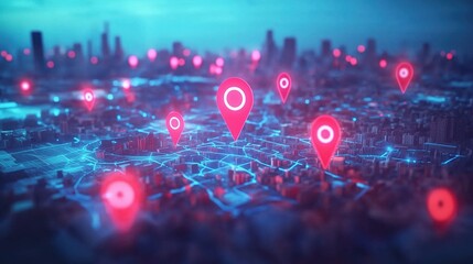 Aufkleber - 3D rendering of a modern cityscape with glowing red and blue location pins on a map background, symbolizing global network connectivity, technological advancement, and data sharing. This vibrant scene