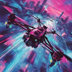 Canvas Print - Drone flying over a futuristic city at night with glowing lights.