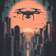 Canvas Print - Drone flying over a futuristic city skyline with a sunset in the background.