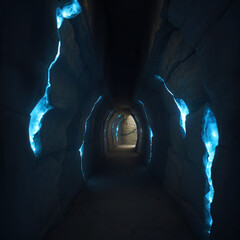 Wall Mural - Narrow passage in a mysterious glowing cave with cracks emitting blue light