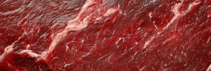 Detailed and closeup fresh raw red marbled beef texture showcases rich colors and unique textures