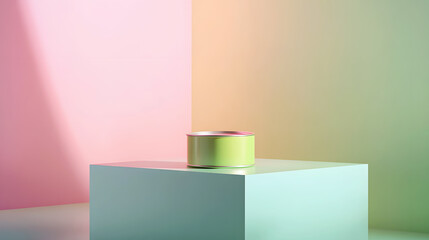 canned food product is elevated on a geometric platform with bright, diffused light and minimalist decor, allowing the product to shine against a simple background