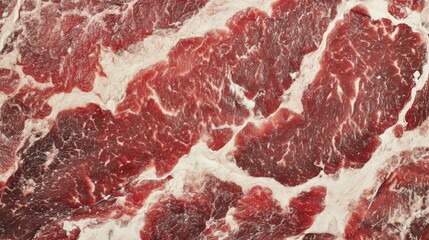 Detailed and closeup fresh raw red marbled beef texture showcases rich colors and unique textures