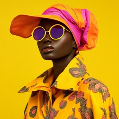 Poster - Fashionable black woman in yellow and orange clothing, sunglasses, and head wrap.