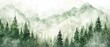 © VICHIZH - Serene watercolor landscape featuring misty mountains and lush evergreen trees in soothing green tones