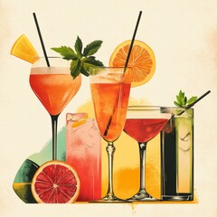 Poster - Five colorful cocktails in glasses with orange and grapefruit slices.