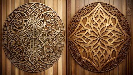 Wall Mural - Ornate wooden carvings with circular patterns on textured wooden background