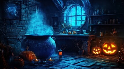 lair scene with black cat and cauldron