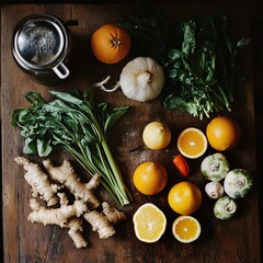 Poster - Flat lay of fresh organic produce on wooden board.