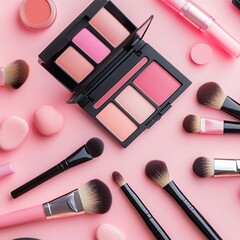 Flat lay of pink makeup brushes, eyeshadow palette, and pink blush on a pink background.