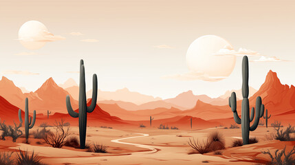 A desert scene with a path and two cacti