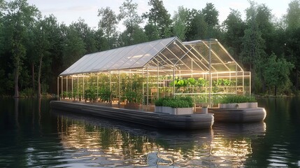 Poster - Floating greenhouse with plants and water reflection in a lake.