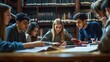 © somneuk - A group of students gathered around a table in the library, studying and working on assignments