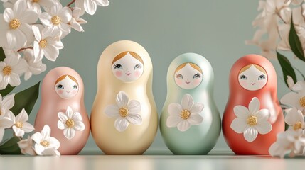 Four pastel-colored nesting dolls with floral accents.