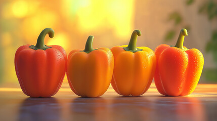 Four peppers are sitting on a table, with one of them being a bright orange. The other three are yellow. The peppers are arranged in a row, with the orange one in the middle