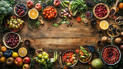 Wall Mural - Fresh fruits and vegetables arranged around a wooden table for a healthy meal.