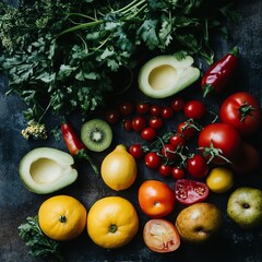 Poster - Fresh fruits and vegetables on a dark background.