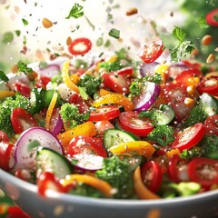 Canvas Print - Fresh salad with tomatoes, cucumbers, bell peppers, red onions, broccoli florets, parsley and spices flying into a bowl.