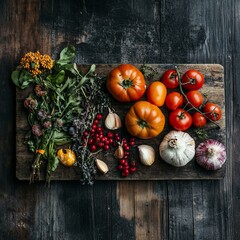 Canvas Print - Fresh Vegetables and Herbs on a Rustic Wooden Cutting Board.